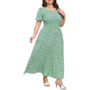 Plus Size Maxi Dress Floral Smocked Flutter Sleeves Pockets Casual